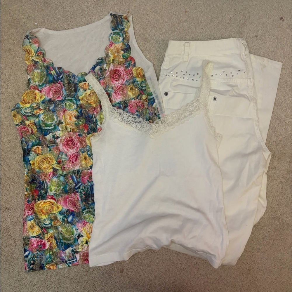 Bossini White Top / Mi-tu Jeans/ Flower Top Set (3 pieces)